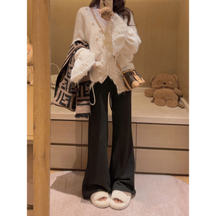 女秋冬韩系微喇抽绳裤 Yukiss 小个子复古羊毛加绒阔腿直筒休闲裤