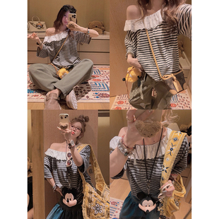 T恤～ 复古条纹花边领露肩短袖 花边斜肩tee Yukiss