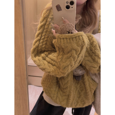 Yukiss 慵懒风加厚羊毛粗针麻花毛衣女冬韩系宽松时髦卷边针织衫