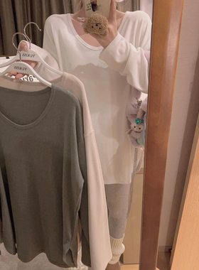 Yukiss 磨毛绒开叉长袖白色T恤女秋冬韩系宽松显瘦叠穿内搭打底衫