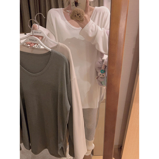 白色T恤女秋冬韩系宽松显瘦叠穿内搭打底衫 Yukiss 磨毛绒开叉长袖