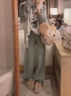 Yukiss【福利清仓5折】巨保暖！格子拼接/植绒加绒浅蓝色牛仔裤