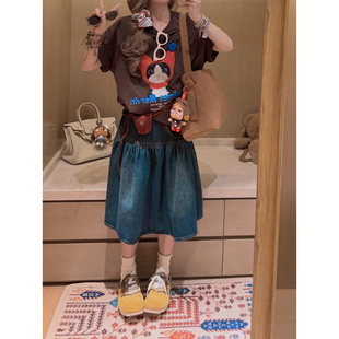 休闲半身裙伞裙 小个子冲 复古miu系牛仔中裙 Yukiss