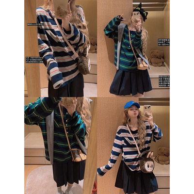 Yukiss【复古miu系！学院感撞色套头条纹长袖T恤～】