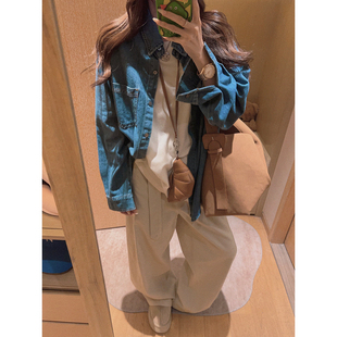 Yukiss 上衣女秋韩系宽松显瘦舒适百搭外套 水洗复古蓝色牛仔衬衫