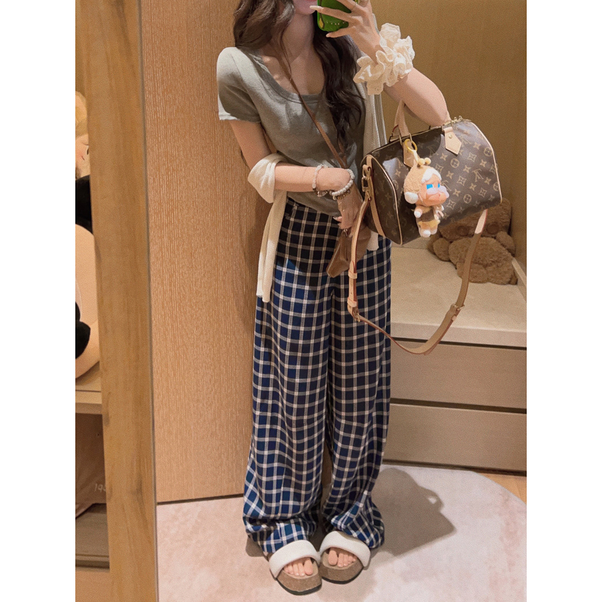 Yukiss宽松镰刀裤格子裤休闲裤