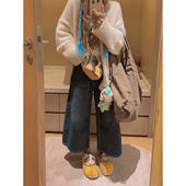 女秋小个子显瘦休闲裤 Yukiss 深蓝色复古高腰直筒阔腿七分牛仔裤