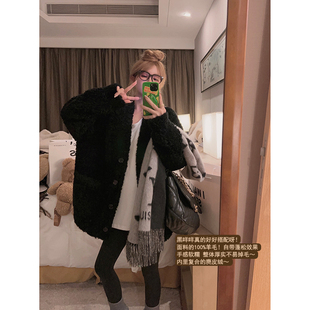 Yukiss 黑色羊毛麂皮绒皮毛一体毛毛外套女秋韩系宽松显瘦V领大衣