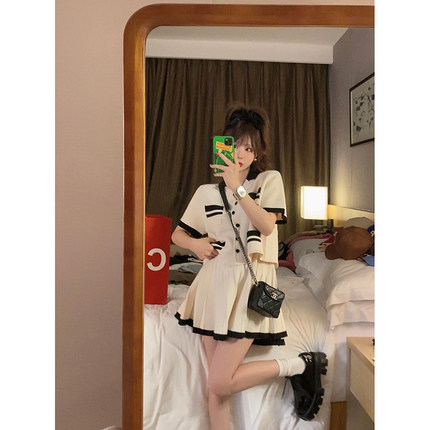 Yukiss 小香针织短袖套装夏日薄款女夏韩系小个子高级感短款上衣