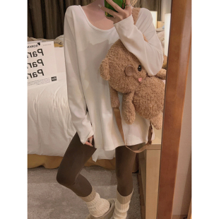 Yukiss T恤女秋韩系宽松遮肉设计感侧开叉百搭上衣 米白色磨毛长袖