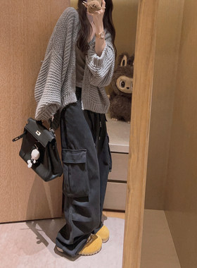 Yukiss 多口袋复古直筒阔腿工装牛仔裤女秋季高腰宽松显瘦休闲裤