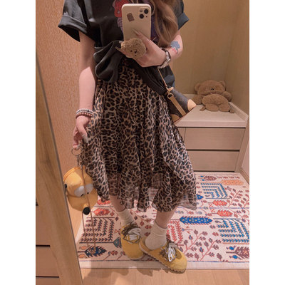 Yukiss【双版本 复古豹纹荷叶边蛋糕包臀中长款半身裙】