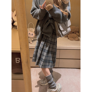 Yukiss miu系灰色毛呢格子百褶半身裙女秋冬韩系小个子高腰A字裙