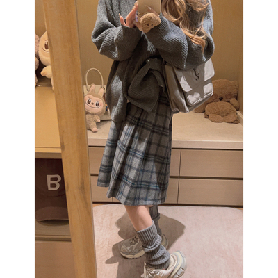 Yukiss miu系灰色毛呢格子百褶半身裙女秋冬韩系小个子高腰A字裙