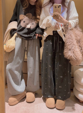 Yukiss 深灰色加绒加厚高腰直筒阔腿卫裤女冬韩系宽松抽绳休闲裤