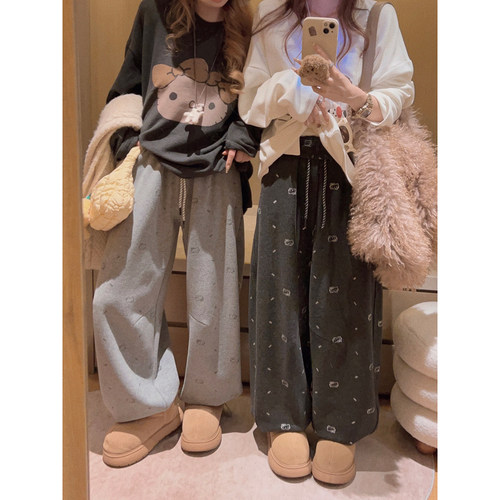 Yukiss 深灰色加绒加厚高腰直筒阔腿卫裤女冬韩系宽松抽绳休闲裤
