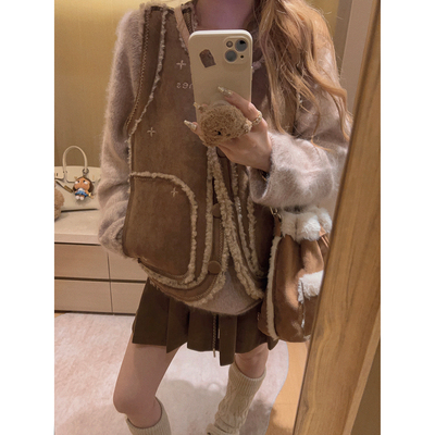 Yukiss【重工！绣花工艺/复古羊羔毛麂皮马甲背心】