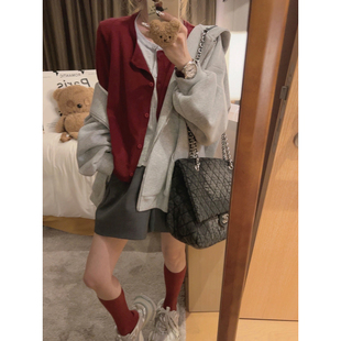 女秋韩系修身 羊毛混纺撞色假两件针织开衫 福利清仓5折 Yukiss