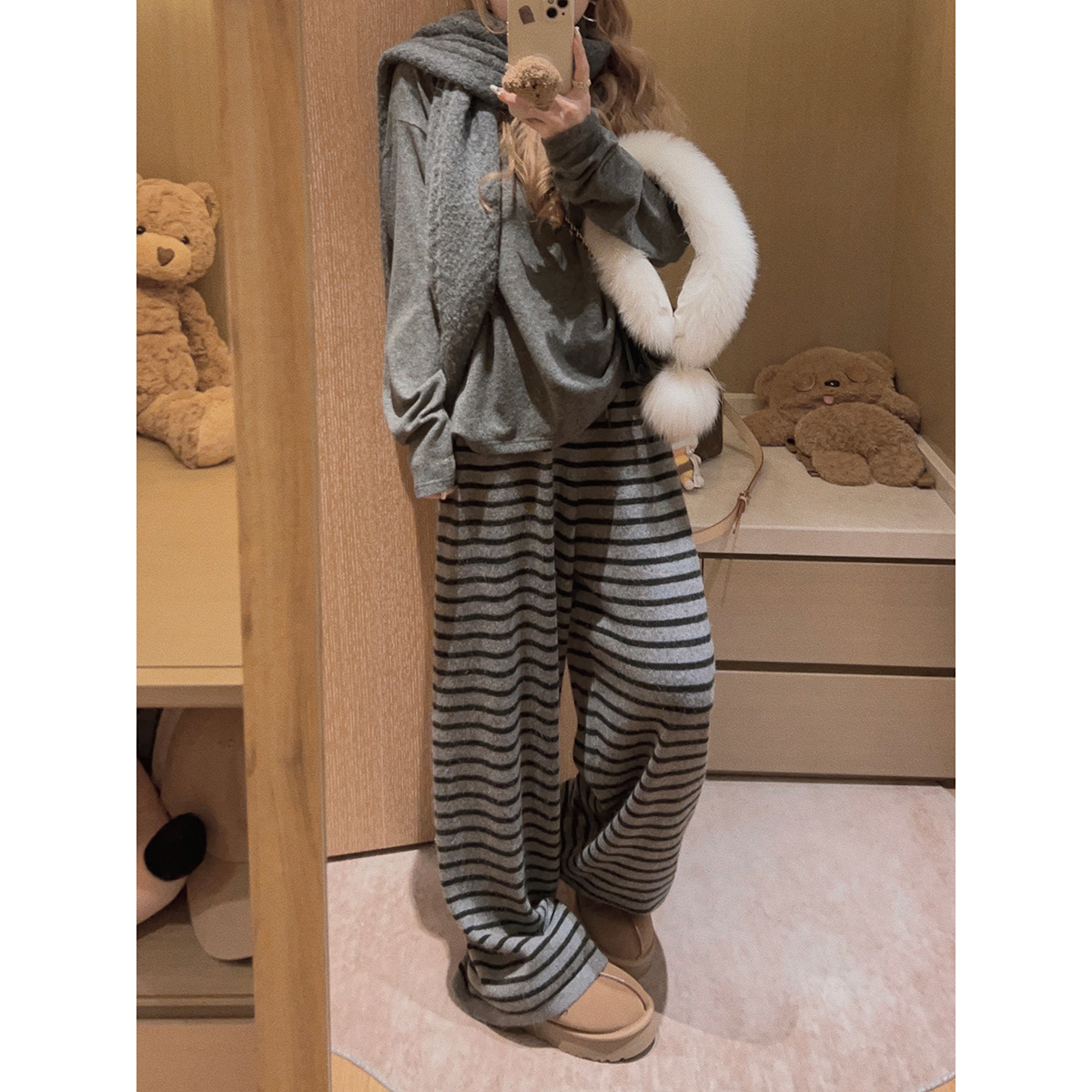 Yukiss【条纹舒适区！细腻软糯针织休闲宽松阔腿裤】