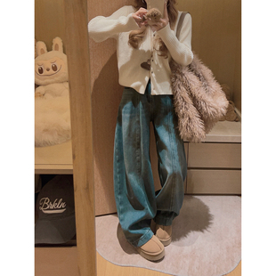 子 女冬韩系宽松裤 Yukiss 小个子复古蓝色高腰加绒直筒阔腿牛仔裤