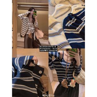 两件套女秋韩系宽松百搭打底衫 针织开衫 复古条纹吊带长袖 Yukiss