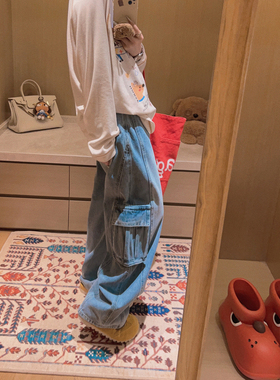 Yukiss【弯刀工装裤！立裁版型/浅蓝色休闲感牛仔裤～】