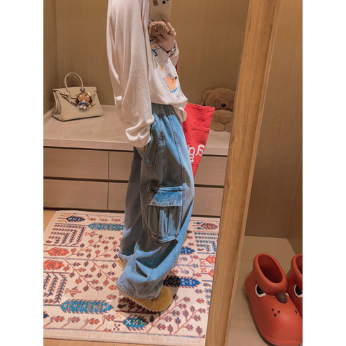 Yukiss 小个子高腰阔腿直筒工装牛仔裤女春韩系薄款宽松显瘦裤子