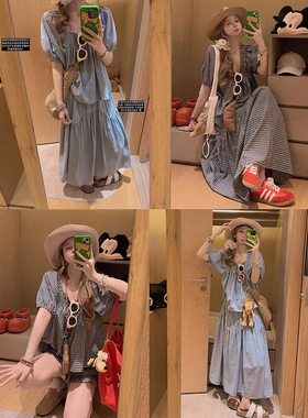 Yukiss 少女风蓝色格子娃娃衫上衣三件套女夏小个子宽松懒人套装