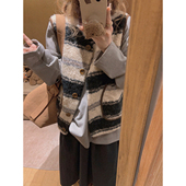 Yukiss复古撞色羊羔毛圈圈毛呢羽绒马甲背心女秋韩系慵懒百搭上衣