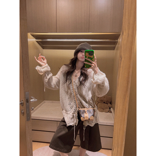 Yukiss 米杏色抽绳钩花镂空马海毛毛衣女秋韩系设计感时髦针织衫