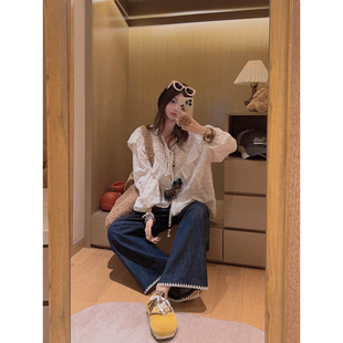 防掉色牛仔直筒休闲裤 下摆贝壳绣花 原创 Yukiss