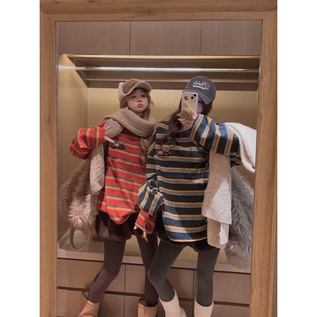 Yukiss 腊肠狗条纹加绒加厚T恤女冬季韩系宽松显瘦时髦保暖打底衫