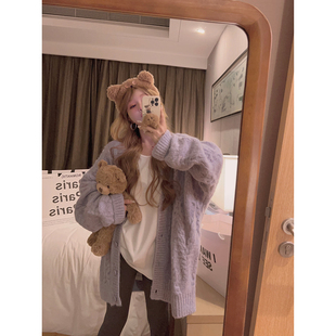 Yukiss 外套女秋慵懒宽松软糯保暖上衣 紫色复古麻花针织毛衣开衫