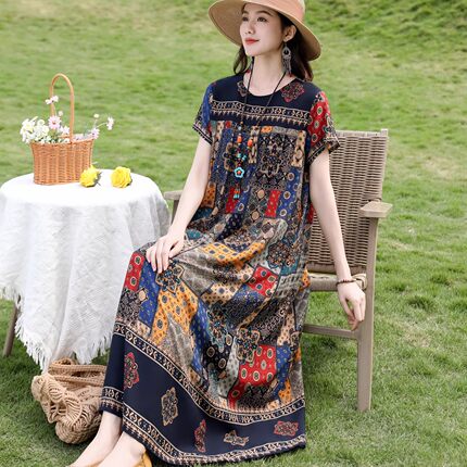 2025夏季新款高端碎花中老年棉绸连衣裙女外穿绵绸宽松人造棉裙子
