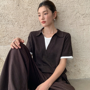 FONE简禾复古拼接假两件T恤女2025秋季 58063 POLO领休闲短袖 针织衫