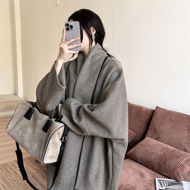 GRACETINAHOO冬新法式撞色皮设计慵懒通勤百搭羊毛外套WTA654