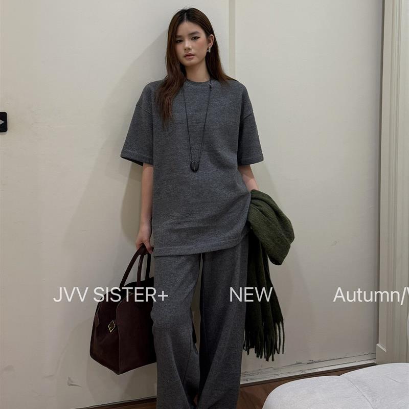 JVV十三行2025冬季新款慵懒风圆领短袖卫衣休闲裤加绒套装女71817