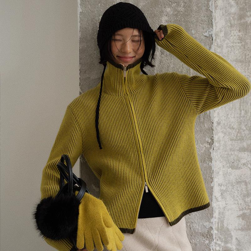 UNITY MODE 撞色开衫立领毛衣女冬季双拉链针织衫上衣外套251366