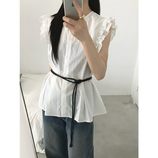 甜美风宽松小众上衣 THINK十三行韩系木耳边无袖 衬衫 女25夏季 新款