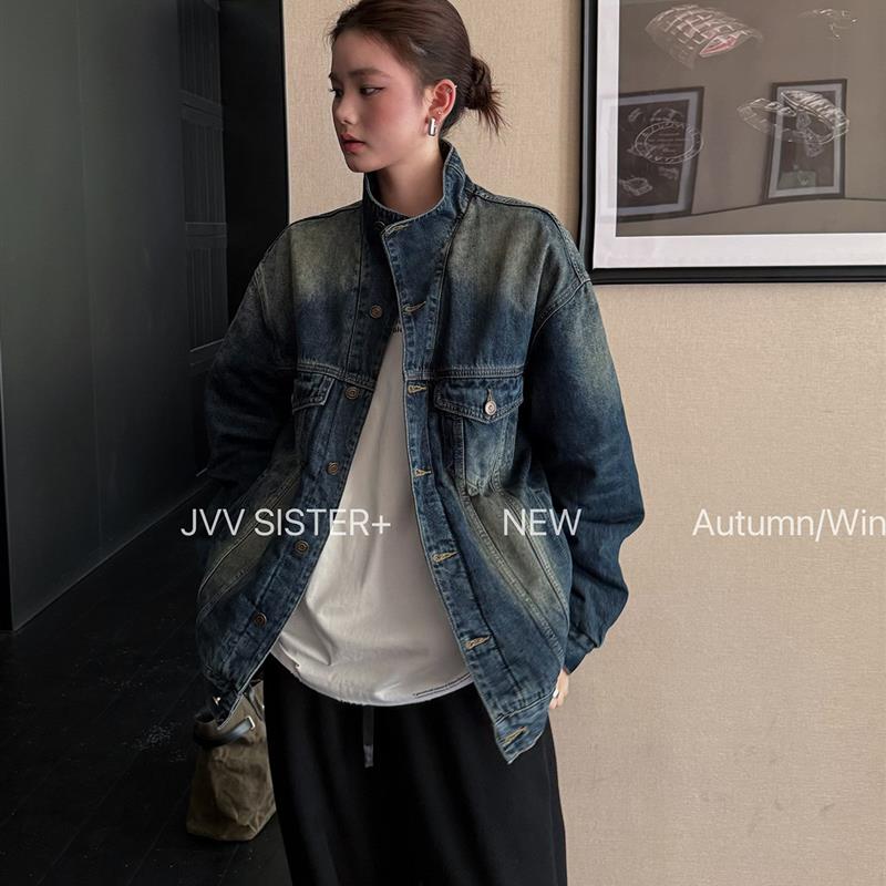 JVV十三行2025冬季新款时尚复古宽松上衣水洗牛仔裥棉外套女71319