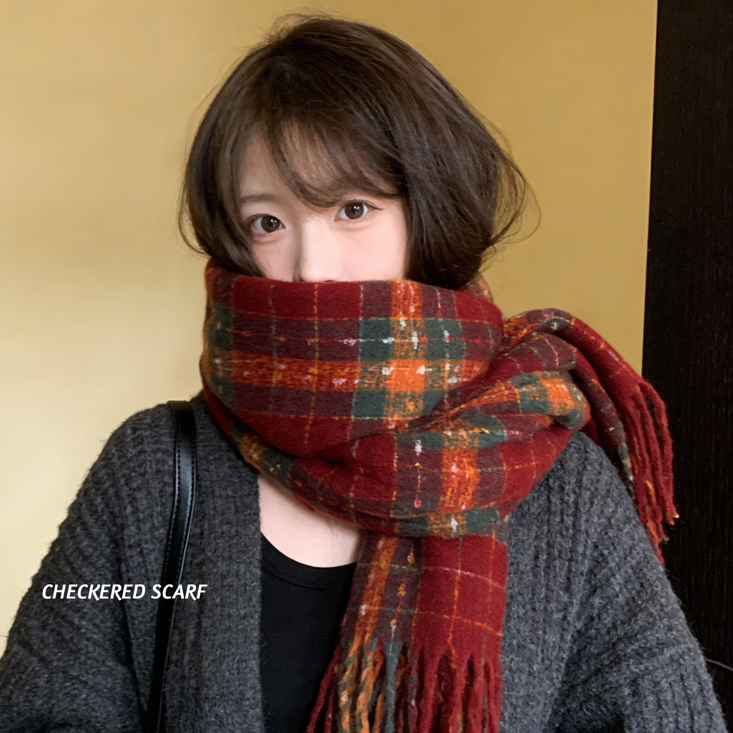 红色格子流苏围巾女冬季韩系氛围感加厚保暖新年圣诞围脖学生披肩