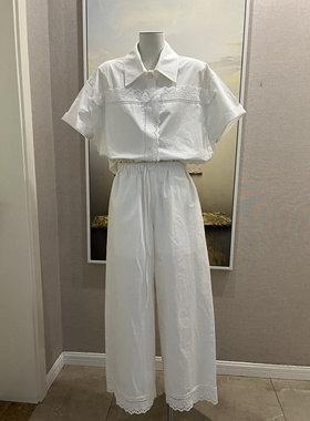 all white 长绒棉落肩上衣＋宽松直筒花边蕾丝衬衫休闲裤套装