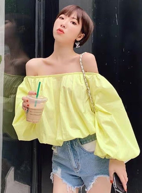 W花花家 泡泡袖一字肩纯棉衬衫女韩版宽松设计感上衣洋气Alice