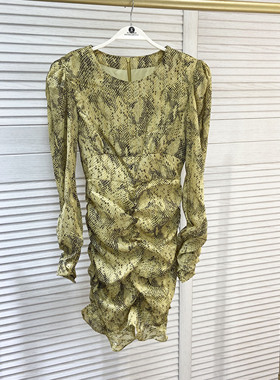 W花花家复古泡泡袖抽褶蛇纹连衣裙女春长袖圆领包臀裙短裙Alice