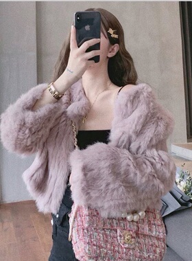 W花花家气质轻熟风短款獭兔毛编织皮草外套女修身皮毛一体Alice