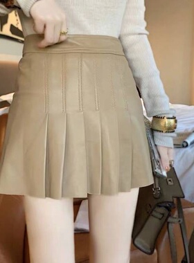 Alice花花家性感高腰A字半身裙春装2025款女显瘦PU皮裙百褶短裙W