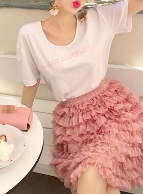 W花花家雪纺蛋糕裙半身裙夏女 新款百搭A字短裙蓬蓬裙 Alice松紧