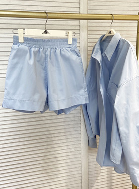 新款设计感小众宽松休闲紫色衬衣短裤两件套女小个子蓝色衬衫套装