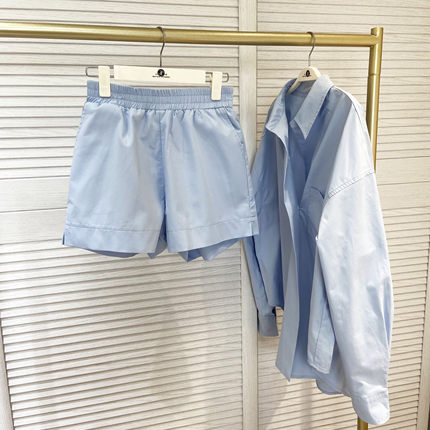 新款设计感小众宽松休闲紫色衬衣短裤两件套女小个子蓝色衬衫套装