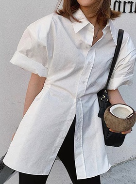 Alice花花家垫肩设计感短袖衬衫女2025新款单排扣白色收腰上衣W